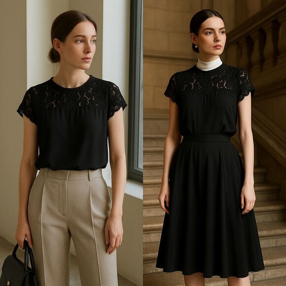 Anthro Maeve Black Lace Cap Sleeve Blouse Woman M Minimalist Workwear Feminine - Picture 1 of 10